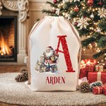 Personalised Santa Claus Canvas Drawstring Gift Bag with Name and Initial Christmas Gift for Kids Family