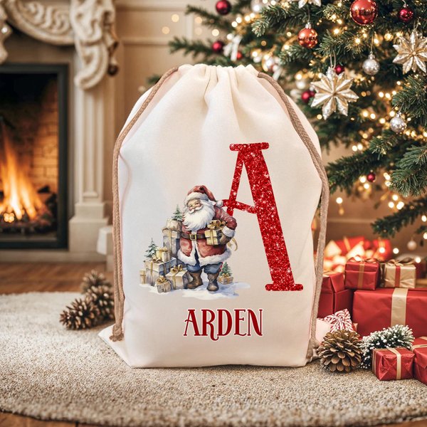 Personalised Santa Claus Canvas Drawstring Gift Bag with Name and Initial Christmas Gift for Kids Family