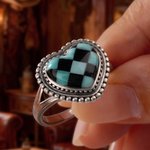 Personalized Western Style Checkered Turquoise Inspiration Heart-Shaped Ring with Engraved Name Christmas Birthday Anniversary Gift for Woman