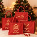 Personalisierte Weihnachtsbaum Elch goldenen Kranz große rote Leinen Tragetasche mit Namen Weihnachten Party Favor Geschenk für Familie Freunde