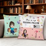 Personalised Birth Flower Cartoon Reading  Character Multicolour Cushion Cover with Name Home Decor Birthday Gift for Family Bookworms