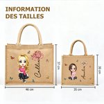 Sac à Main Personnalisé avec Femme de Dessin et Fleur de Naissance Cabas en Jute de Grande Capacité Cadeau Anniversaire Mariage Fête pour Femme