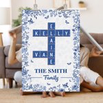 Personalisierte blaue florale Familie Kreuzworträtsel Kunst Poster rahmenlose gerahmte Malerei mit Namen und Text Wanddekoration Geburtstagsgeschenk für Familien