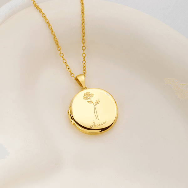 Personalisierte Medaillon Halskette mit eingraviertem 1-5 Geburtsblumen Namen und 2 Fotos Zierlicher Schmuck Jahrestag Geburtstag Geschenk für Damen