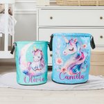 Cesto para la ropa personalizado con nombre de unicornio de fantasía y asa impermeable Decoración de cuarto de niños Regalo de inauguración de la casa para niños