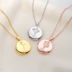 Personalized 1-5 Birth Flowers Locket Necklace with Engraved Name and 2 Photos Dainty Jewelry Anniversary Birthday Gift for Women