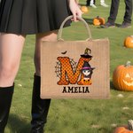 Personalized Cartoon Character Pumpkin Design Trick or Treat Candy Jute Tote Bag with Initial & Name Halloween Party Favors Gift for Kids
