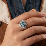 Personalized Western Style Checkered Turquoise Inspiration Heart-Shaped Ring with Engraved Name Christmas Birthday Anniversary Gift for Woman