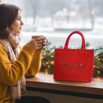 Personalised Bling Rhinestone Name Large Red Jute Tote Bag Daily Use Birthday Christmas Gift for Family Friends