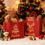 Personalisierte Weihnachtsbaum Elch goldenen Kranz große rote Leinen Tragetasche mit Namen Weihnachten Party Favor Geschenk für Familie Freunde