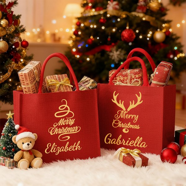 Personalisierte Weihnachtsbaum Elch goldenen Kranz große rote Leinen Tragetasche mit Namen Weihnachten Party Favor Geschenk für Familie Freunde