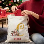 Personalised Santa Claus Canvas Drawstring Gift Bag with Name and Initial Christmas Gift for Kids Family