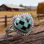 Personalized Western Style Checkered Turquoise Inspiration Heart-Shaped Ring with Engraved Name Christmas Birthday Anniversary Gift for Woman