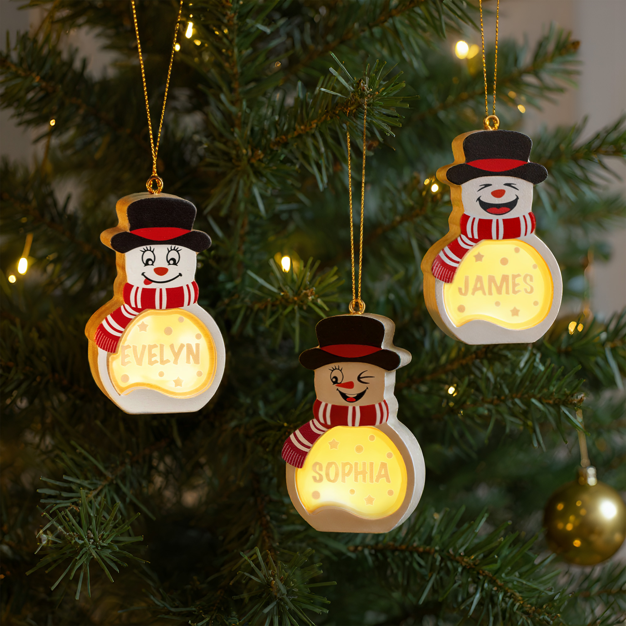 Bonhommes de Neige Personnalisés avec Nom et Expression Décorations en Bois à Lumière LED Cadeau Noël pour Famille