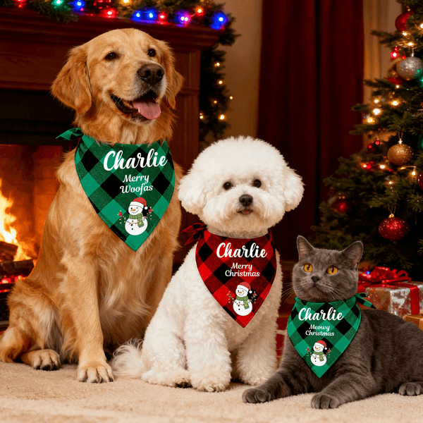 Personalized Santa Claus Snowman Soft Plaid Pet Bandana with Pet Name and Text Pet Wear Christmas Gift for Pet Owners Lovers
