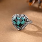 Personalized Western Style Checkered Turquoise Inspiration Heart-Shaped Ring with Engraved Name Christmas Birthday Anniversary Gift for Woman