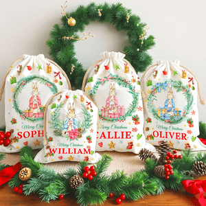 Personalized Cute Peter Rabbit Wreath Drawstring Christmas Gift Bag with Name Christmas Eve Party Gift for Kids Family Friends