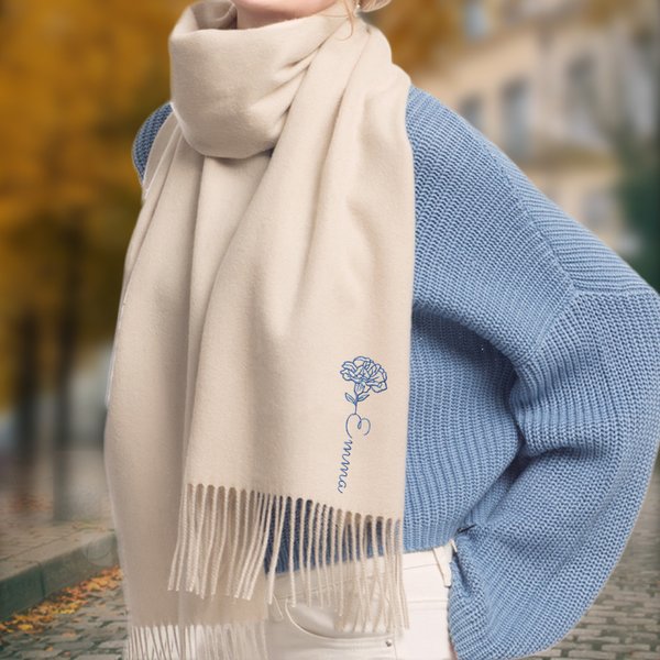 Personalized Multicolour Soft Warm Scarf with Embroidered Birth Flower and Name Fashion Accessory Winter Birthday Christmas Gift for Friends Family