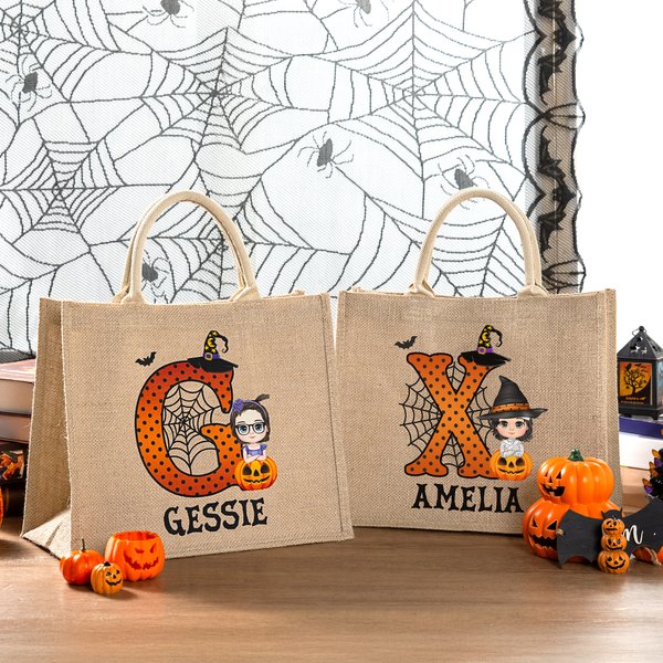 Sac en Jute Personnalisé avec Image de l'Enfant Lettre et Texte Cadeau Halloween pour Enfant Famille