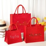 Personalised Bling Rhinestone Name Large Red Jute Tote Bag Daily Use Birthday Christmas Gift for Family Friends
