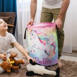 Cesto para la ropa personalizado con nombre de unicornio de fantasía y asa impermeable Decoración de cuarto de niños Regalo de inauguración de la casa para niños