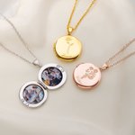 Personalized 1-5 Birth Flowers Locket Necklace with Engraved Name and 2 Photos Dainty Jewelry Anniversary Birthday Gift for Women