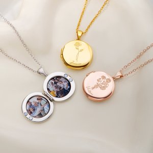 Collier de médaillon personnalisé avec 1-5 fleurs de naissance nom et 2 photos - Cadeau d'anniversaire pour les femmes