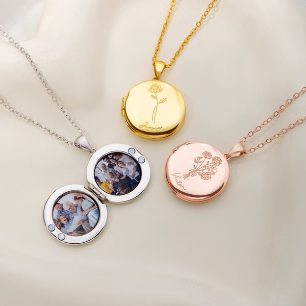 Personalised 1-5 Birth Flowers Locket Necklace with Engraved Name and 2 Photos Dainty Jewellery Anniversary Birthday Gift for Women