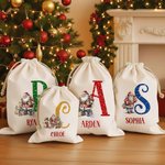 Personalised Santa Claus Canvas Drawstring Gift Bag with Name and Initial Christmas Gift for Kids Family
