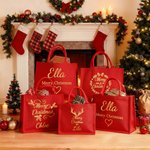 Personalisierte Weihnachtsbaum Elch goldenen Kranz große rote Leinen Tragetasche mit Namen Weihnachten Party Favor Geschenk für Familie Freunde