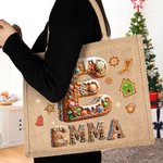 Personalized Cartoon Gingerbread Candy Large Capacity Jute Tote Bag with Name and Initial Daily Use Christmas Party Gift for Women Family Friends