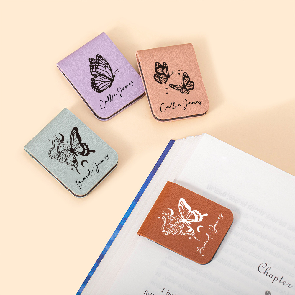 Marque-page Aimanté en Cuir Personnalisé avec Papillon Floral avec Nom Fournitures Scolaires Cadeau Anniversaire pour Amoureux des Livres