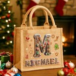 Personalized Cartoon Gingerbread Candy Large Capacity Jute Tote Bag with Name and Initial Daily Use Christmas Party Gift for Women Family Friends