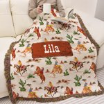 Personalised Cartoon Cowboys On Horseback Cactus Soft Baby Blanket with Name and Tassels Birthday Baby Shower Gift for Newborns New Parents