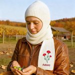 Personalized Multicolor Embroidered Birth Flower Warm 2-in-1 Knit Hooded Scarf with Name Birthday Gift for Woman Man Family
