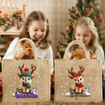 Personalised Cute Cartoon Christmas Elk Jute Tote Bag with Name Travel Accessories Christmas Gift for Children