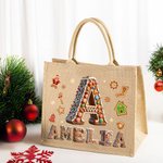 Personalized Cartoon Gingerbread Candy Large Capacity Jute Tote Bag with Name and Initial Daily Use Christmas Party Gift for Women Family Friends