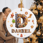 Personalized Gingerbread Man House Candy Cane Ceramic Ornament with Name and Initial Home Tree Decor Christmas Gift for Kids Family