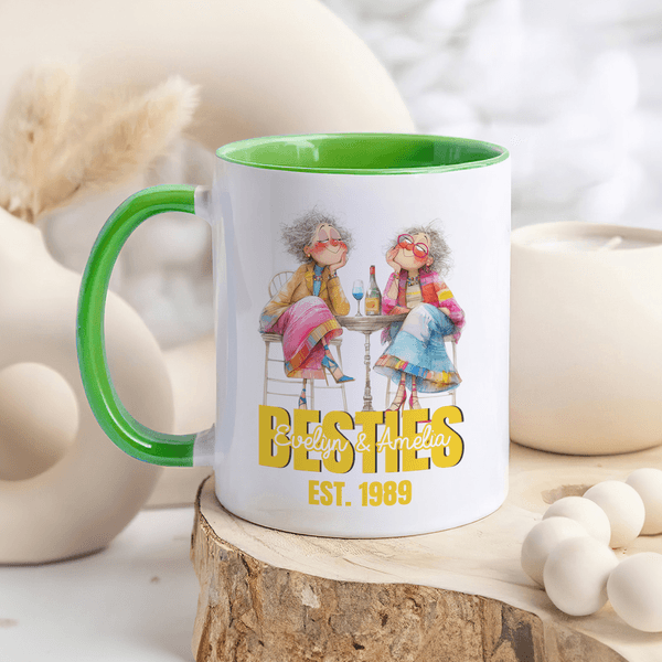 Personalized Watercolor Style Character Besties 11 oz 15 oz Ceramics Mug with Name and Year Birthday Christmas Gift for Friend Besties