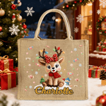 Personalised Cute Cartoon Christmas Elk Jute Tote Bag with Name Travel Accessories Christmas Gift for Children
