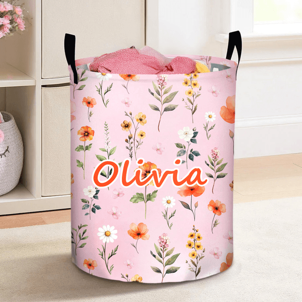 Personalized Multicolor Wildflower Waterproof Laundry Storage Basket with Handle and Name Baby Shower Birthday Gift for Kids Moms