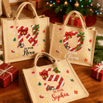 Personalized Sweets Cane Initial Large Jute Tote Bag with Name Christmas Gift for Friends Family