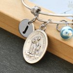 Personalized Birthstone Catholic Saint Adjustable Bangle Bracelet with Initial Confirmation Birthday Christmas Gift for Girls Teens Women