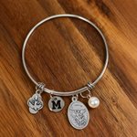 Personalized Birthstone Catholic Saint Adjustable Bangle Bracelet with Initial Confirmation Birthday Christmas Gift for Girls Teens Women