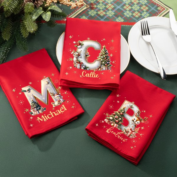 Tovagliolo rosso personalizzato in 100% cotone con renna e iniziale riutilizzabile decor da tavolo regalo di Natale per famiglia e amici