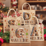 Personalized Cartoon Gingerbread Candy Large Capacity Jute Tote Bag with Name and Initial Daily Use Christmas Party Gift for Women Family Friends