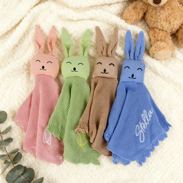 Personalized Healthcare Bunny Knitted Soft Baby Security Blanket with Embroidered Name Birthday Baby Shower Gift for Newborn New Mom