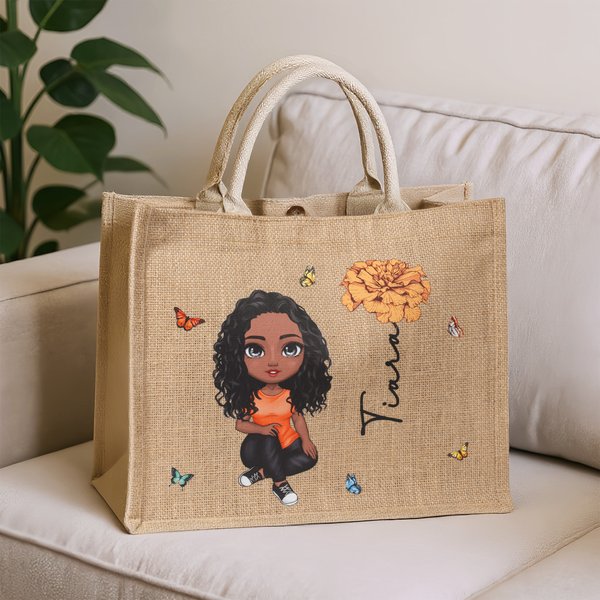 Bolso de yute personalizado de gran capacidad con dibujo lindo flor de nacimiento y nombre regalo del Día de la Madre y cumpleaños para mujer o niña