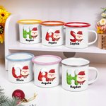 Personalised Cute Cartoon Santa Claus Snow Initial Design Multicolor 12 oz Enamel Mug with Name Daily Use Christmas Gift for Boys Girls