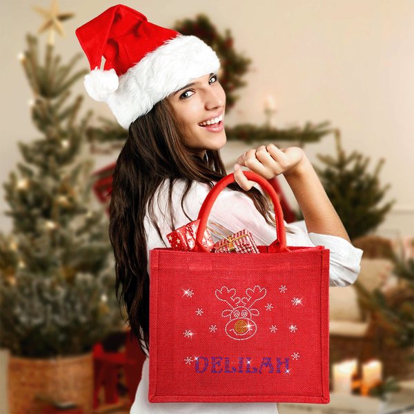 Personalized Shiny Rhinestone Snowman Reindeer Red Jute Tote Bag with Name Christmas Gift for Family Kids